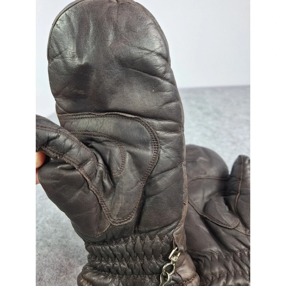 Vintage Roffe Brown Leather Ski Mittens Japan Quilted Padded Ladies Small